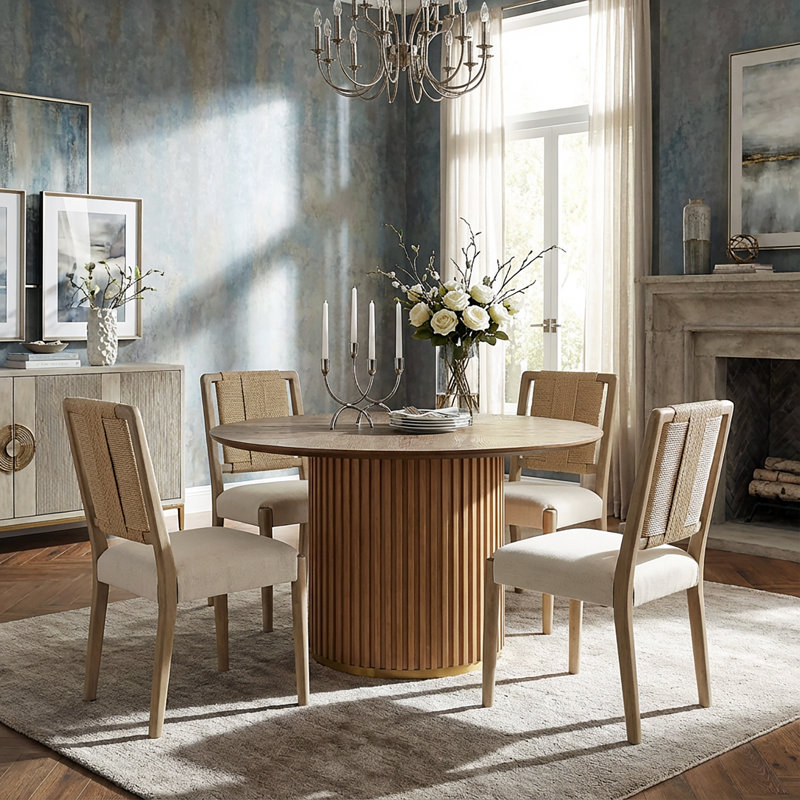 5-Piece Round Pedestal Dining Table Set With Woven Rope Backrest, Light Ash