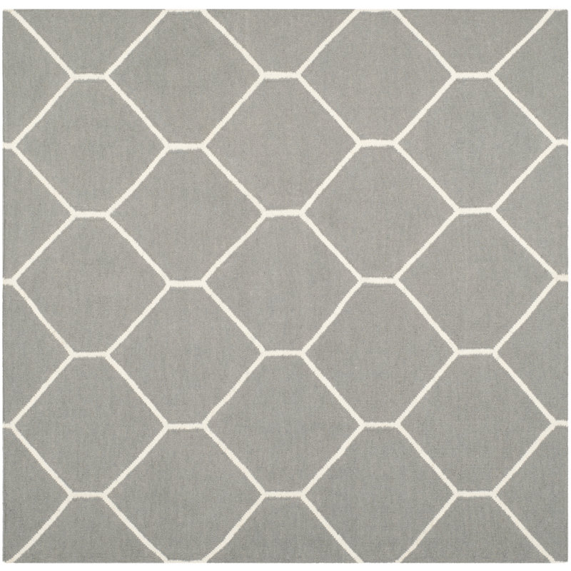 Rodgers Hand Woven Flat Weave Wool/Cotton Geometric Rug in Ivory/Gray, Square 6'