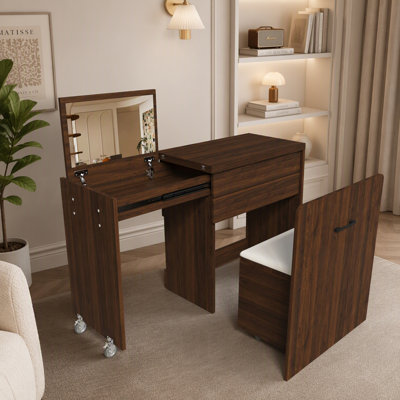 Bureau extensible multifonctionnel, bureau pliable de 119 cm (47 po) et table de maquillage avec miroir, 3 modes d'utilisation, avec tabouret de rangement, pour chambre et appartement, noyer
