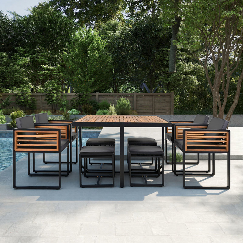 9-Piece Acacia Wood Patio Set with Cushions – Space-Saving Outdoor Dining for 4, Gray
