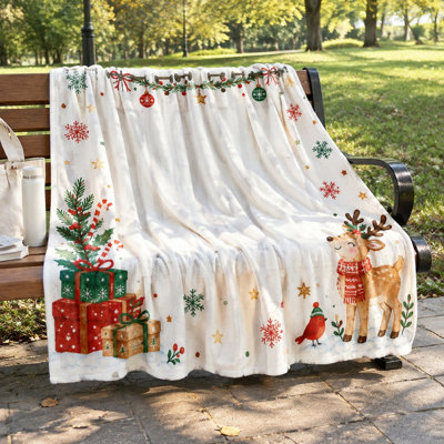Christmas Fleece Blanket with Cute Reindeer Snowflakes Pattern, Cozy Lightweight Plush Throw for Sofa Couch Bedroom Living Room Holiday Home Decor