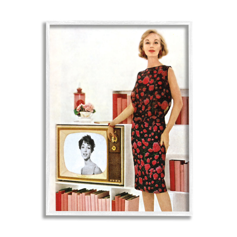 Publicité télévisée rétro, femme encadrée sur bois par Kathy Alper, impression, H 30 po x l 24 po x P 1,5 po