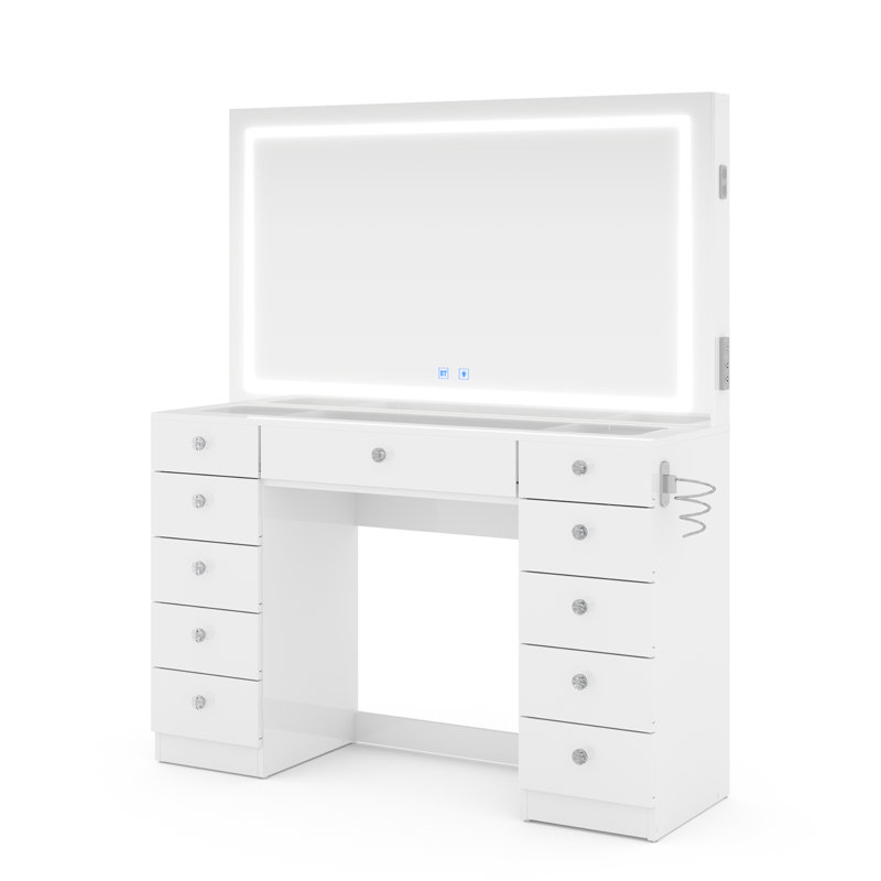 Amelia Premium Vanity Table With Bluetooth Speakers And 11 Spacious Drawers, White