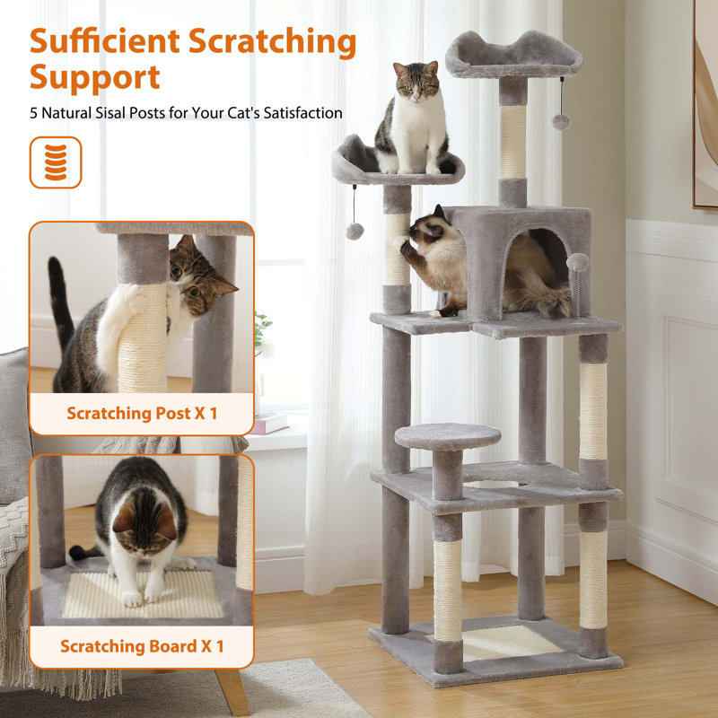 63'' Gray Multi-Level Cat Tree Tower with Sisal Scratching Posts