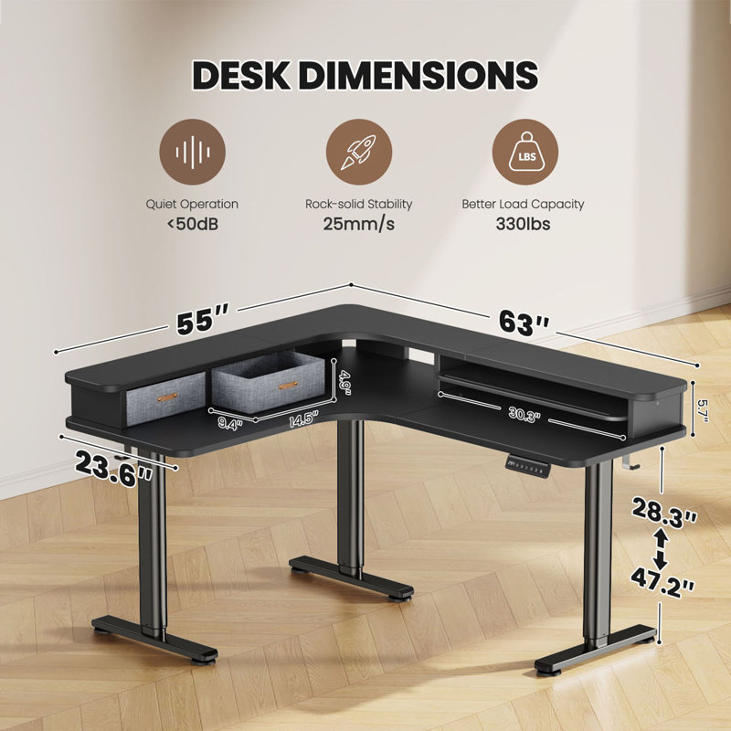 63"W Corner Standing Desk Adjustable Height Electric L Shaped Standing Desk With Drawers Gamers, Black