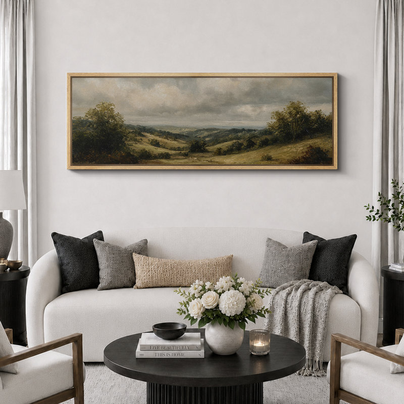 «Rolling Countryside Landscape», impression sur toile encadrée pour décor rustique traditionnel, H 20 po x l 60 po, Naturel