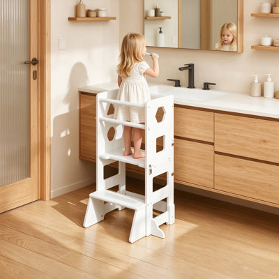 Escabeau de cuisine pour tout-petits 4 en 1, tour d'apprentissage pliable avec tableau noir, tabouret de cuisine en bois pour enfants, cadeaux de garçon de 1 à 3 ans (blanc)