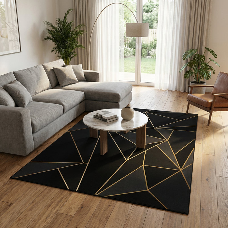 Tapis géométrique moderne noir et or