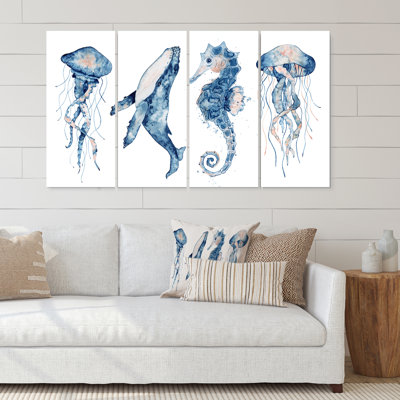 " Blue Ocean Fish Medusa Whale Seahorse " 4 - Pieces