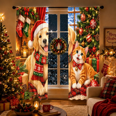 2Pcs Christmas Dog Cat Pattern Curtains Light Filtering Rod Pocket Window Drapes for Living Room Bedroom Kitchen Home Decor, Wall Decor,Holiday Gifts