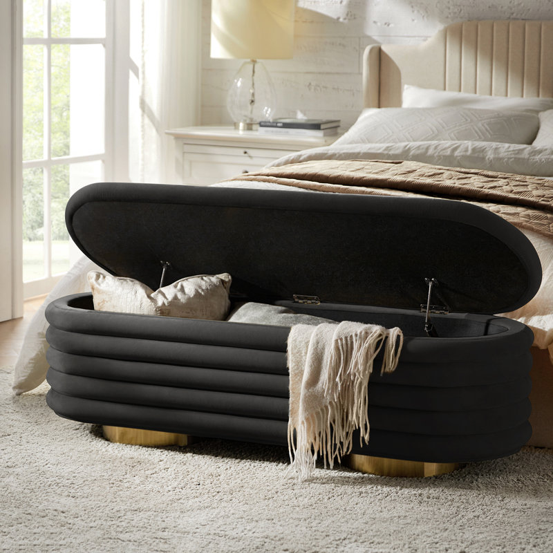 Nettie 54" Modern Velvet Boucle Upholstered Tufted Storage Bench with Gold-finished Metal Legs, Black