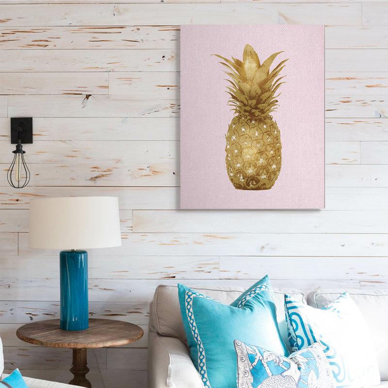 Golden Glam - ananas sur rose, Toile tendue, H 40 po x l 30 po