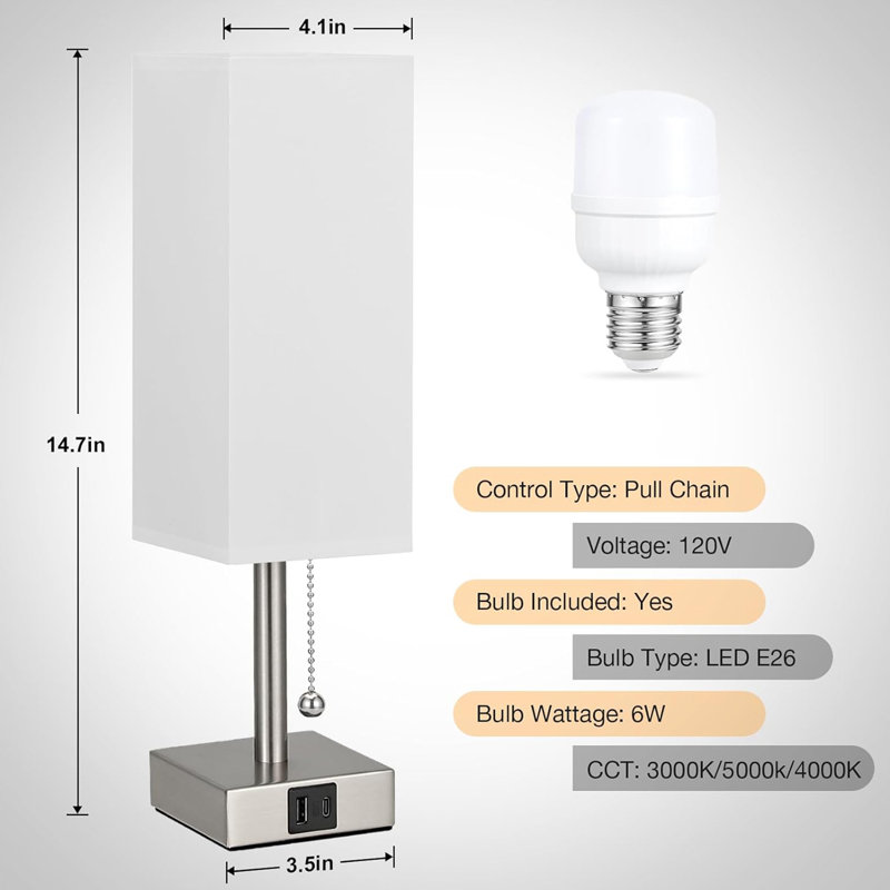 White Small Table Lamp for Bedroom,3 Colour Temperature Pull Chain Control