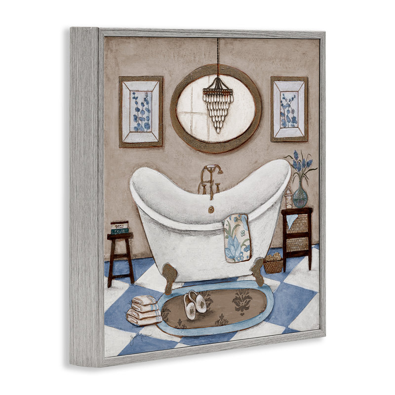 Giclée encadrée de baignoire relaxante à carreaux, design par Janet Tava, Giclée de ferme grise encadrée, H 12 po x l 12 po