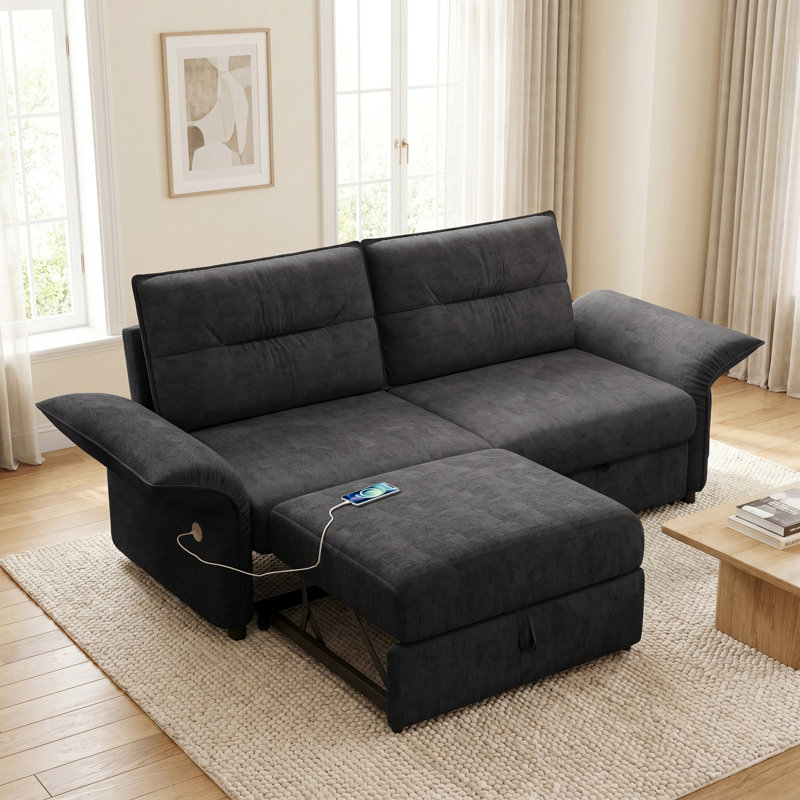 Canapé-lit convertible 2 en 1 de 85 po avec port USB et rangement, Black
