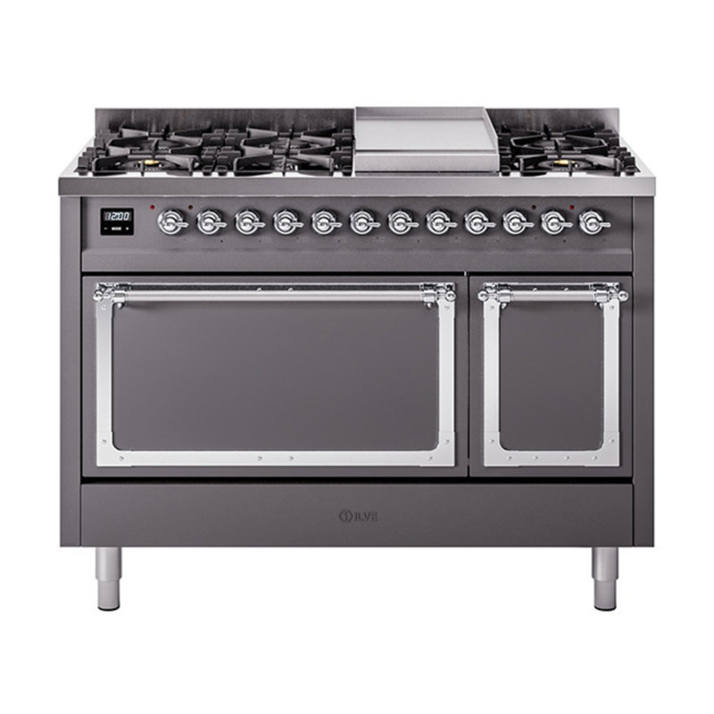 Cuisinière ILVE Nostalgie II Series 48 po à double combustible avec 8 brûleurs scellés et plaque de cuisson (gaz naturel, porte pleine)