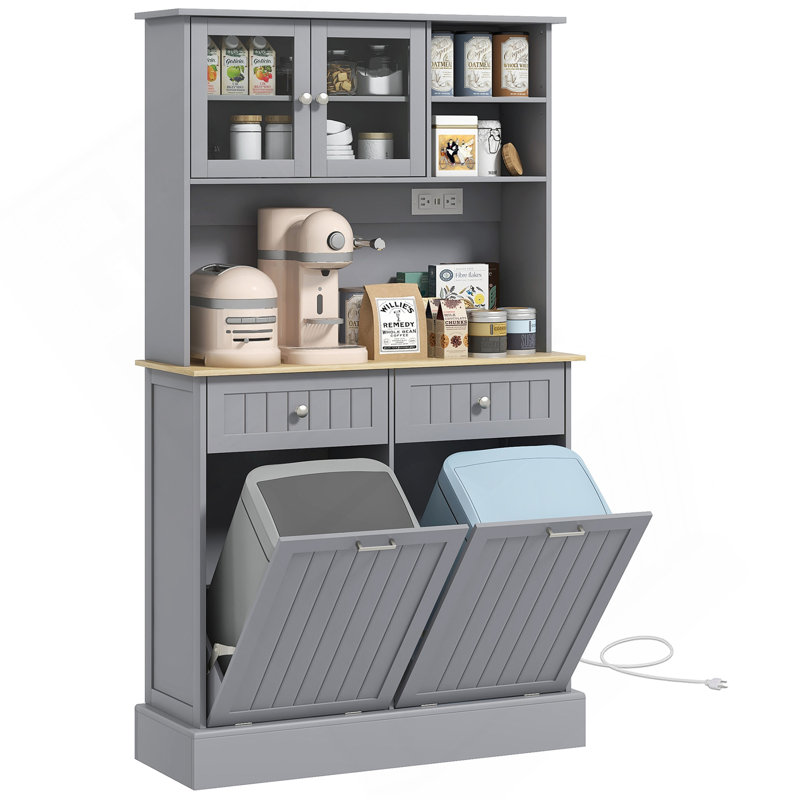 Armoire de rangement pour garde-manger 68 po avec station de charge, 2 armoires à ordures inclinables et support pour micro-ondes, huche de cuisine autoportante avec portes en verre et tablette réglable