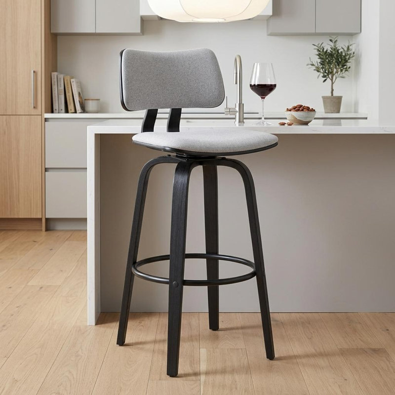 Khymari Modern Swivel Counter or Bar Height Armless Bar Stool in Fabric, Wood, and Metal, Counter Stool (26" Seat Height)