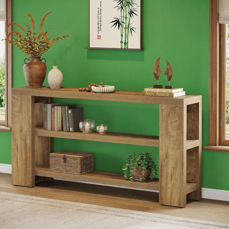 Table de canapé à 3 niveaux Vintage Farmhouse - ton de bois naturel, rustique minimaliste, derrière le canapé / entrée
