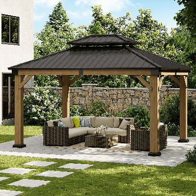 12 X 10 Ft. Soild Wood Gazebo,  Outdoor Patio Steel Double Hardtop Roof Gazebos, Suitable For Patios, Lawn And Backyard