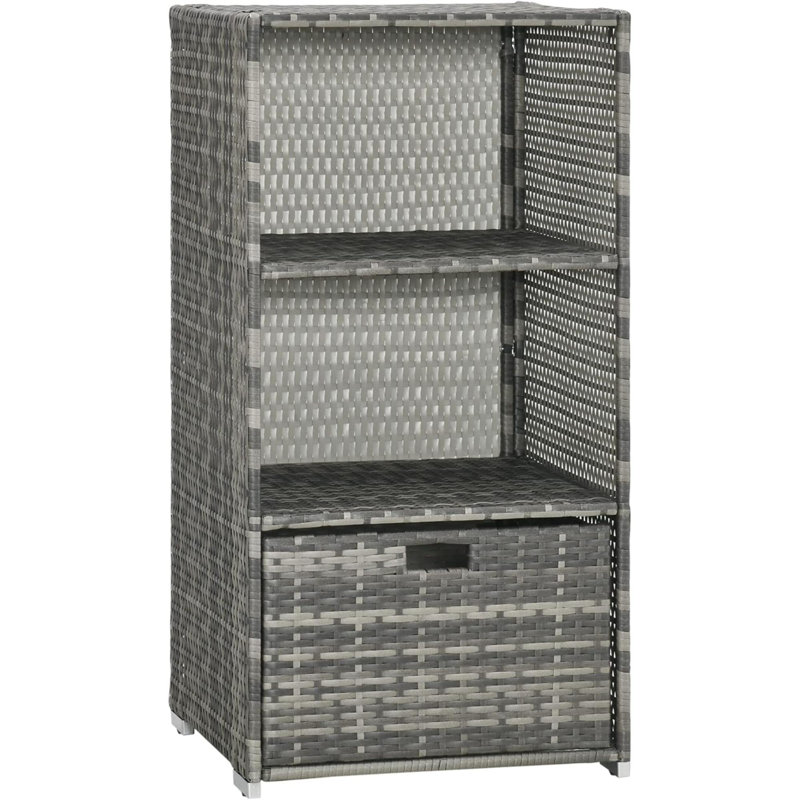 Armoire à serviettes d'extérieur, organisateur de rangement pour accessoires de piscine, tablette autoportante en osier de rotin PE imperméable, 2 couches avec 1 tiroir inférieur pour piscine, patio, extérieur, intérieur