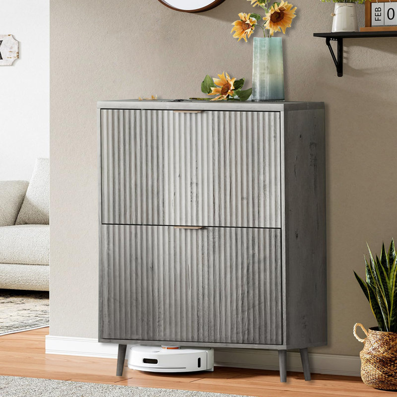 Slim Shoe Cabinet With Flip-Top Drawers, Gray
