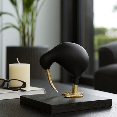 Decorative Metal Kiwi Bird Figurine Sculpture for Home Decor - Modern Accent Statue for Shelf, Table, or Living Room Decoration - Black & Gold