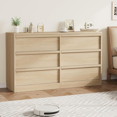 6-Drawer Natural Oak Dresser, 46" Wide Storage Chest for Bedroom, Living Room, Nursery & Entryway