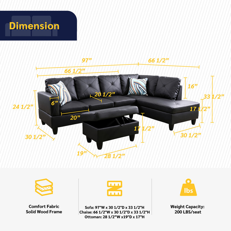 Andelina Faux Leather L-Shaped Sectional, Right Hand Facing, Black Faux Leather