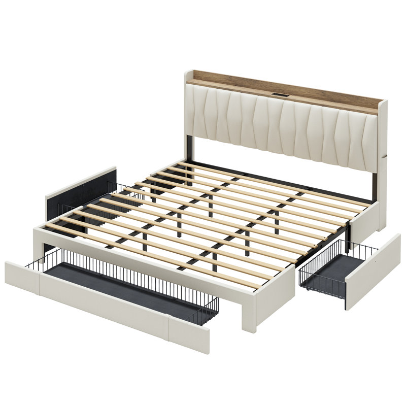 Upholstered Bed Frame with 3 Drawers, Bed with Storage Headboard and Charging Station, King, Beige