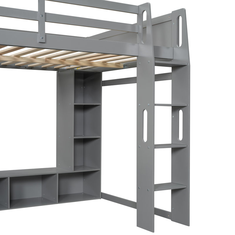 Lit mezzanine en bois compact avec rangement multifonctionnel et DEL, gris