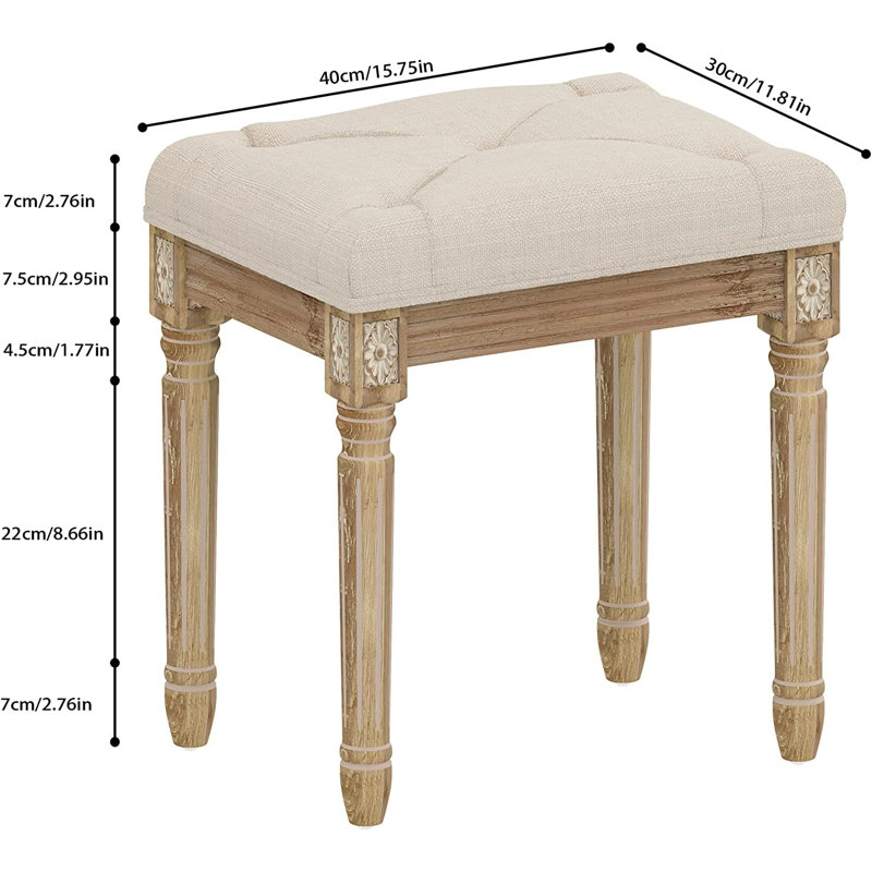 Upholstered Vanity Stool With Tufted Fabric And Rustic Wood Legs, Versatile Makeup Bench For Home