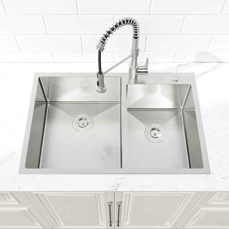 Évier de cuisine encastré 33 po x 19 po à double cuve, lavabo sur pied fait à la main brossé (évier seulement)