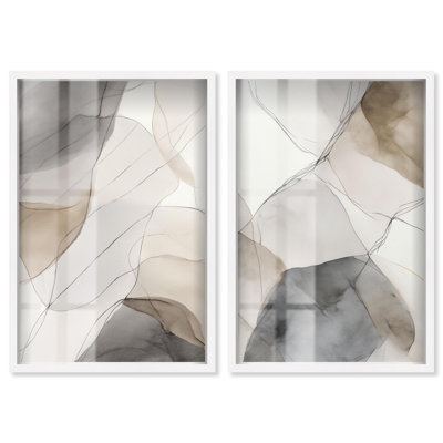 Whispers of Silk I & II Shadowbox Print Gold Boho Wall Decor Set by Art Remedy, White Frame, 16 x 24