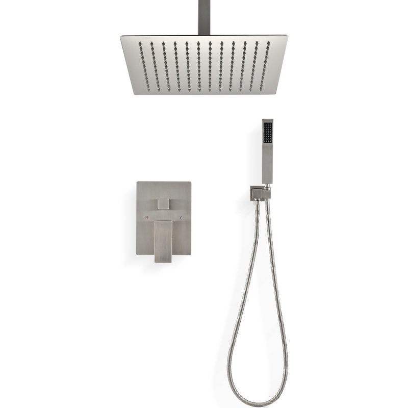 Système de douche au plafond en nickel brossé avec douchette à main et tête de 10 po, Nickel brossé