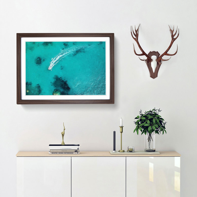 Boat Passing over the Ocean in Corfu Greece - Picture Frame Graphic Art Print, 36cm H x 48cm W x 2cm D, Walnut Framed