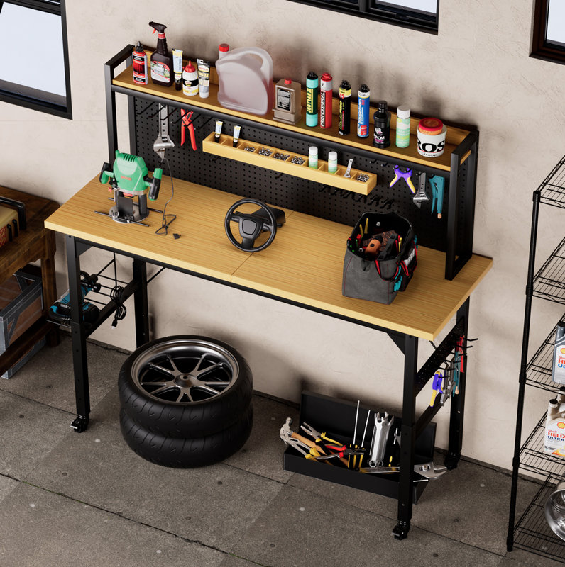 Établi réglable 71 po avec panneau perforé, établi en bois robuste avec roulettes, capacité de charge de 1 600 lb, établi roulant avec prise CA / USB, crochets, tablette, pour garage, atelier, bureau, maison.