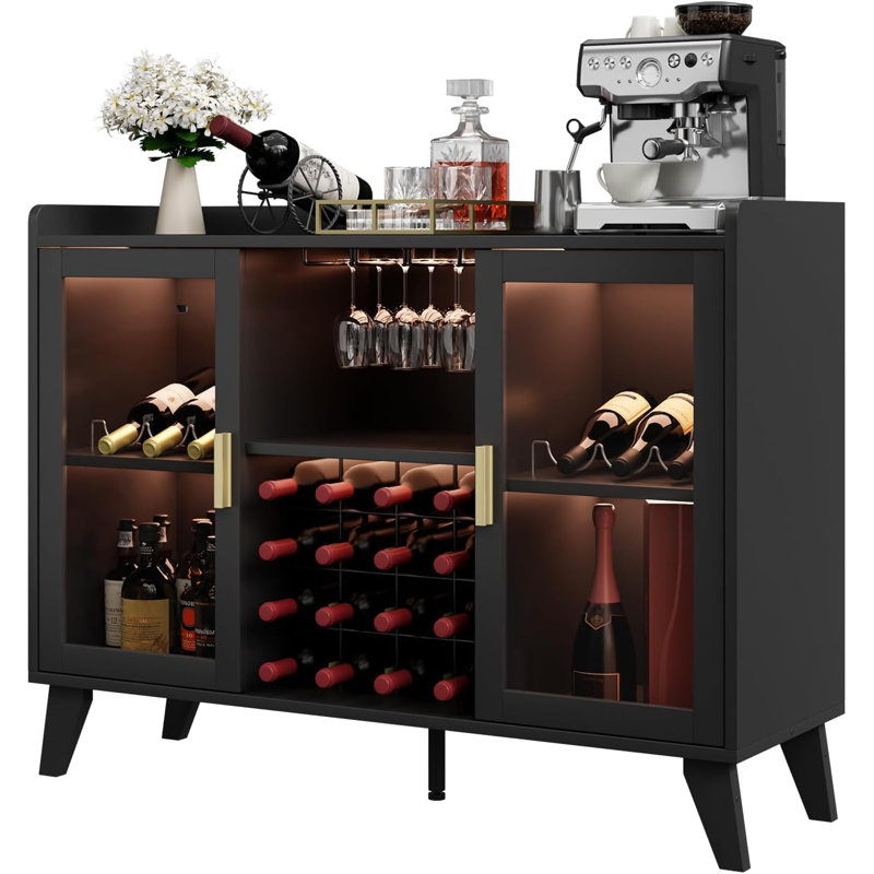 47.24'' Bar Cabinet With LED Light And 16-Grid Wine Rack, Glass Holder