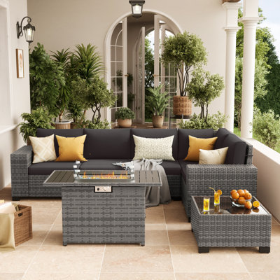 5 - Person Outdoor Rattan Sectional Seating Group with Fire Pit
