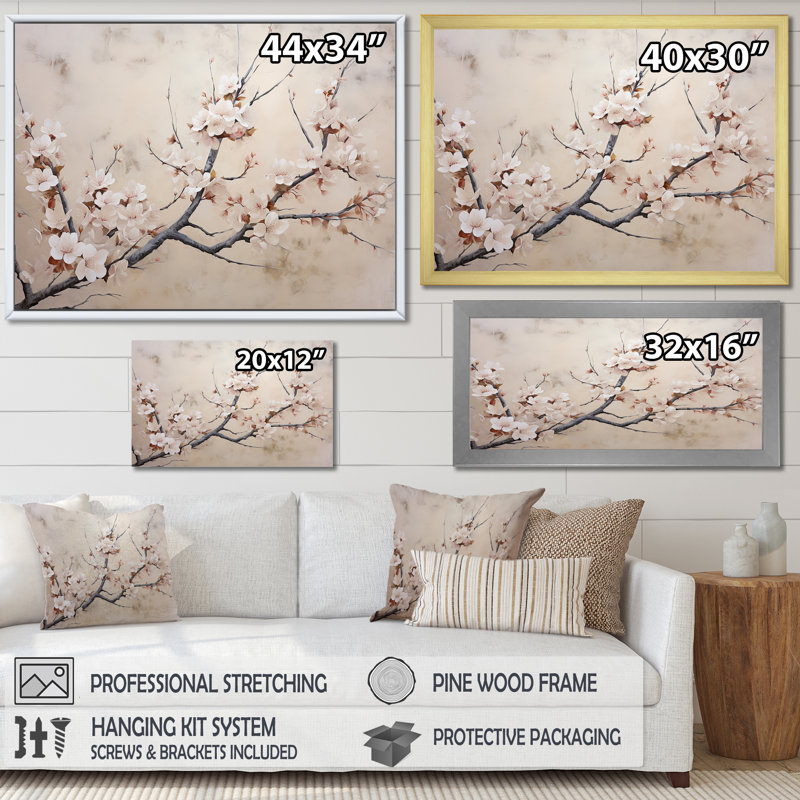 " Minimalism Gray And White Cherry Blossom ", Wrapped Canvas, 34" H x 44" W x 1.5" D