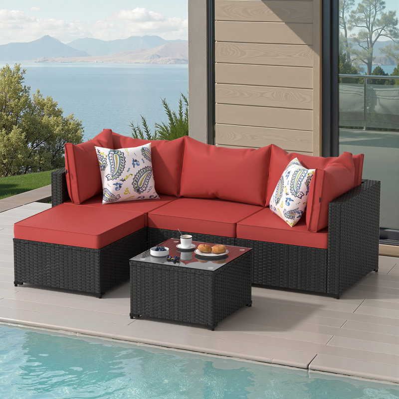 Ensemble de conversation pour canapé modulaire d'extérieur avec coussins et repose-pieds 5 pièces, Rouge