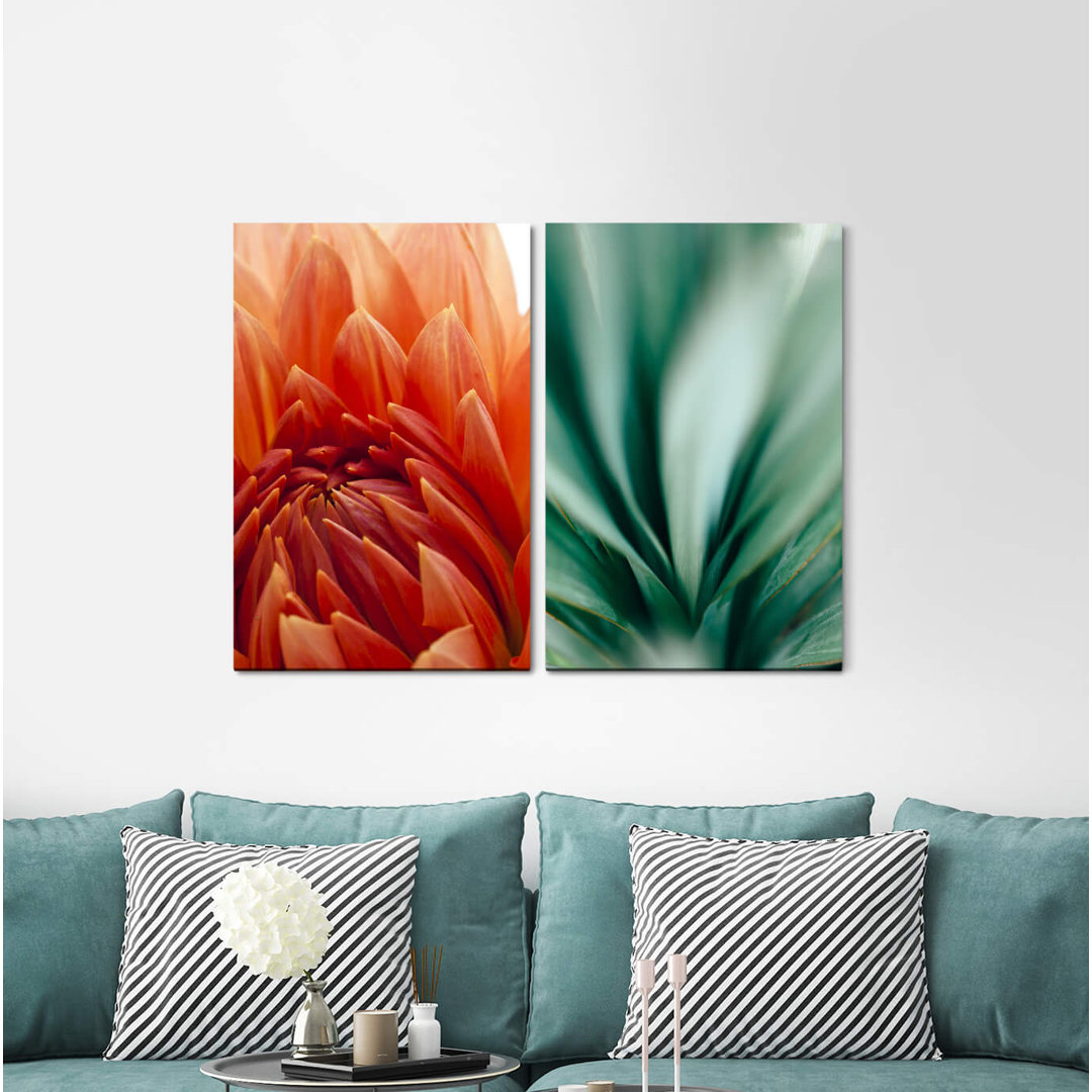 2-tlg. Leinwandbilder-Set - Fotografie „Dahlia Red Flower Green Leaf Blossom Summer Focus”