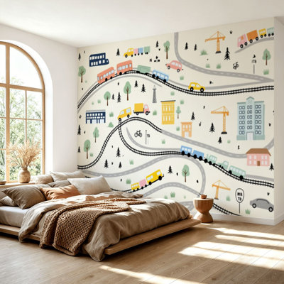 Wall Mural Peel and Stick Wallpaper Seamless hand drawn cars trains road Cartoon for Kids Self-Adhesive Removable Contact Paper Wall Decor for Living Room Bedroom 69"H x 96"W