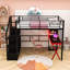 Lit mezzanine double en métal avec garde-robe, bureau et tablettes