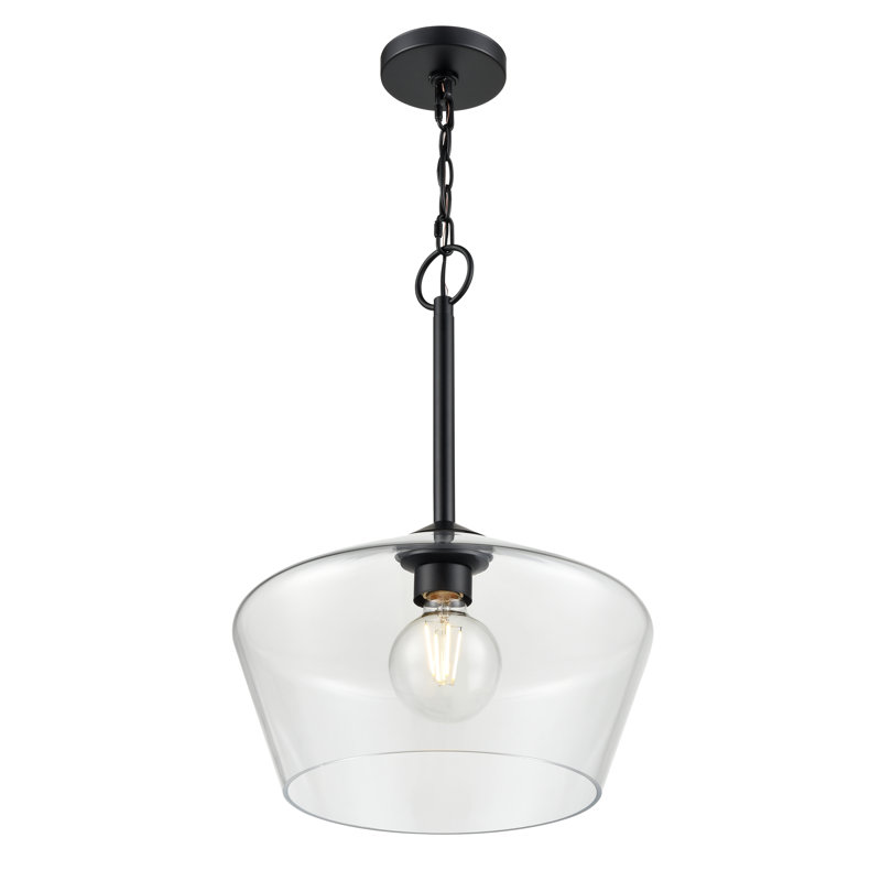 Luminaire suspendu 1 lumière avec abat-jour en verre transparent Longshore Tides Borghild, Noir mat