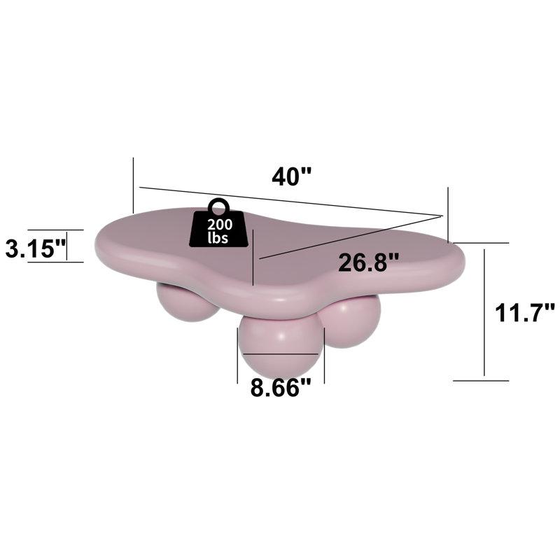 Table basse rose en forme de nuage de 101,6 cm (40 pouces) pour salon, magnifique plateau, grand espace de travail, 3 pieds, compatible avec les animaux de compagnie, montage facile des pieds par vis, surface élégante et spacieuse.