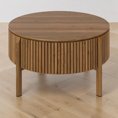 Table basse ronde à plateau relevable, rangement caché, conception cannelée, maison de campagne moderne, salon