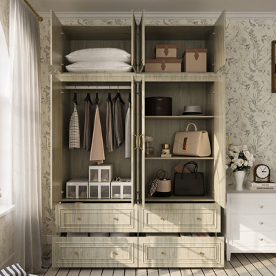94" Tall Freestanding Wardrobe Armoire with 4 Drawers, 63" Bedroom Storage Closet, with Gold Hardware