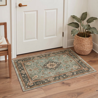 Vintage Oriental Medallion Low Pile Machine Washable Green Beige Area Rug with Non-Slip Backing