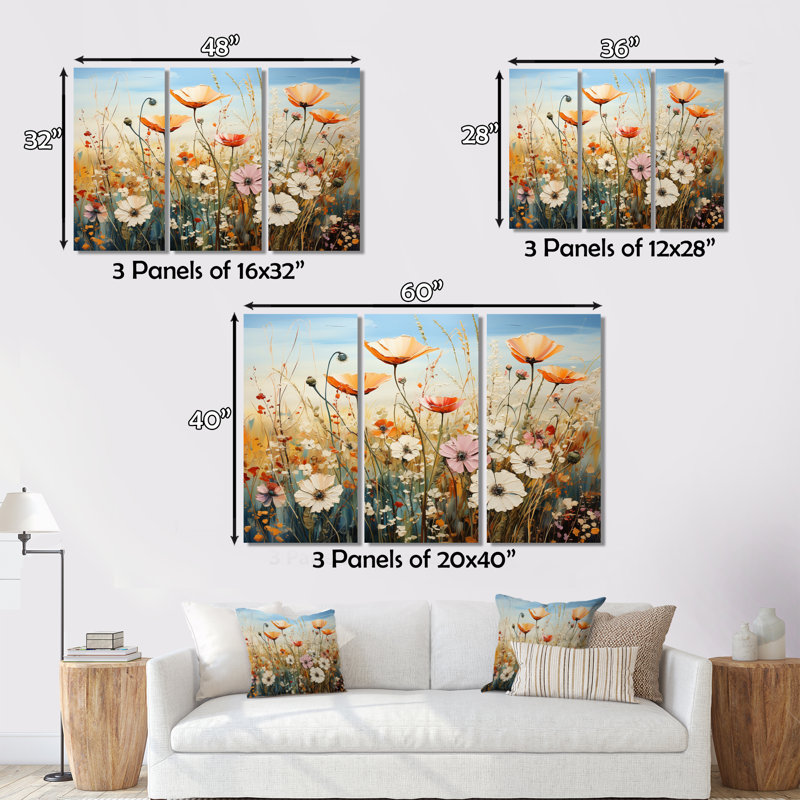 «Wildflowers Floral Symphony» sur toile, reproduction de 3 pièces, H 40 po x l 60 po x P 1 po
